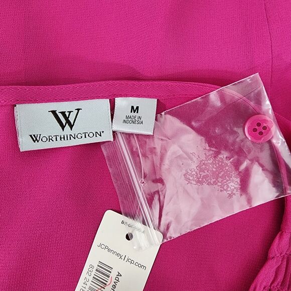 Worthington Women Top Blouse Medium Sheer Button Up Short Cap Sleeve Pink Ruffle - Picture 7 of 9